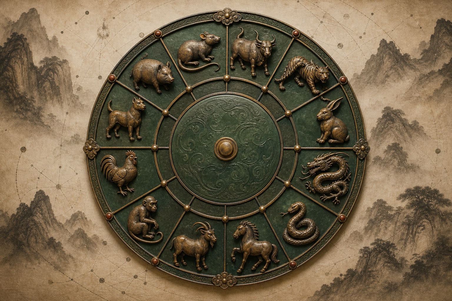 Illustrated wheel of the twelve Chinese zodiac animals