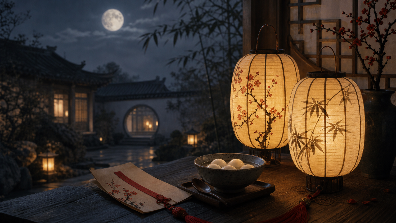 Handmade lanterns and tangyuan in a moonlit courtyard at the Lantern Festival