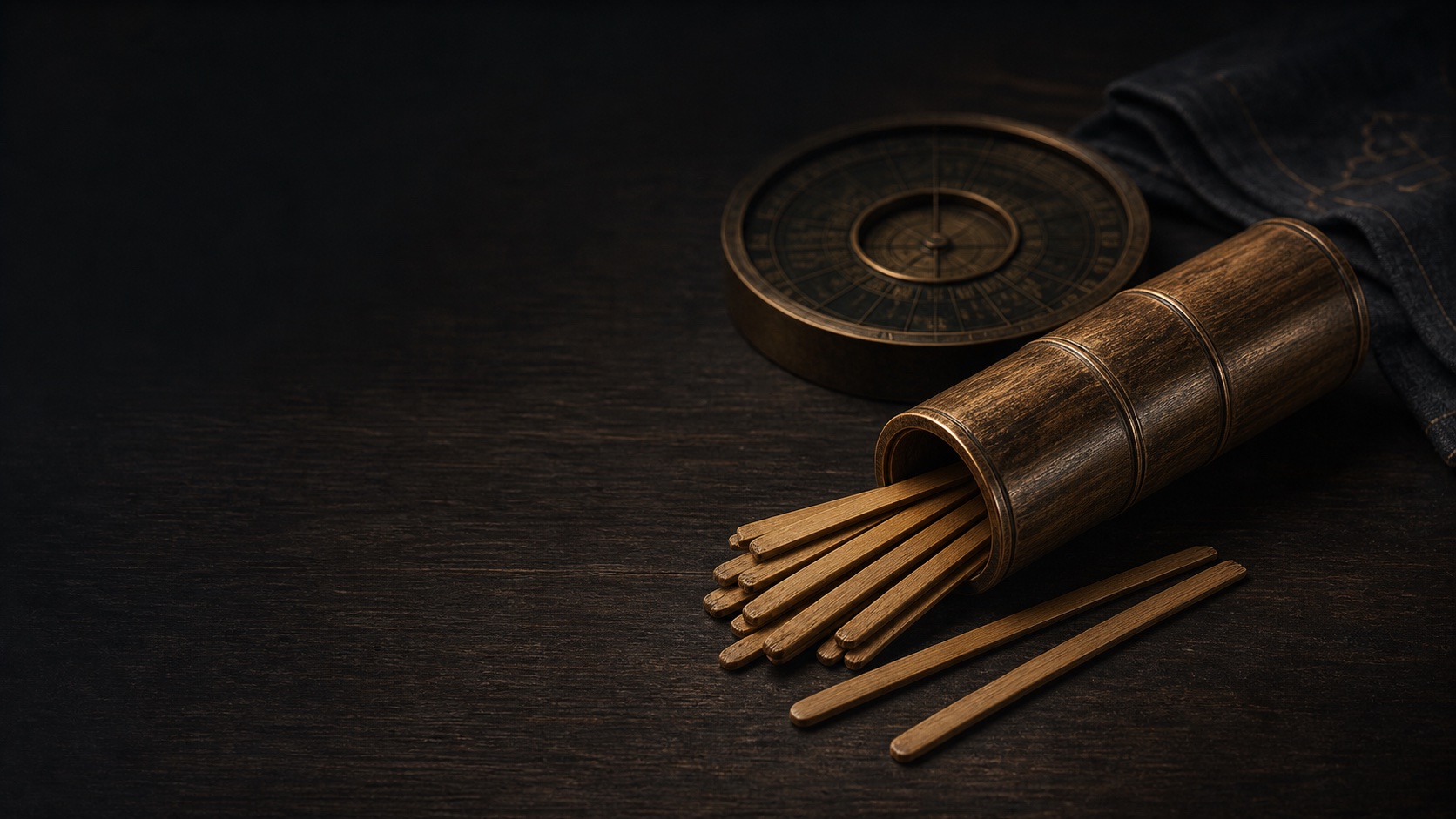 Traditional fortune-stick container, paper lots, and writing tools arranged for study