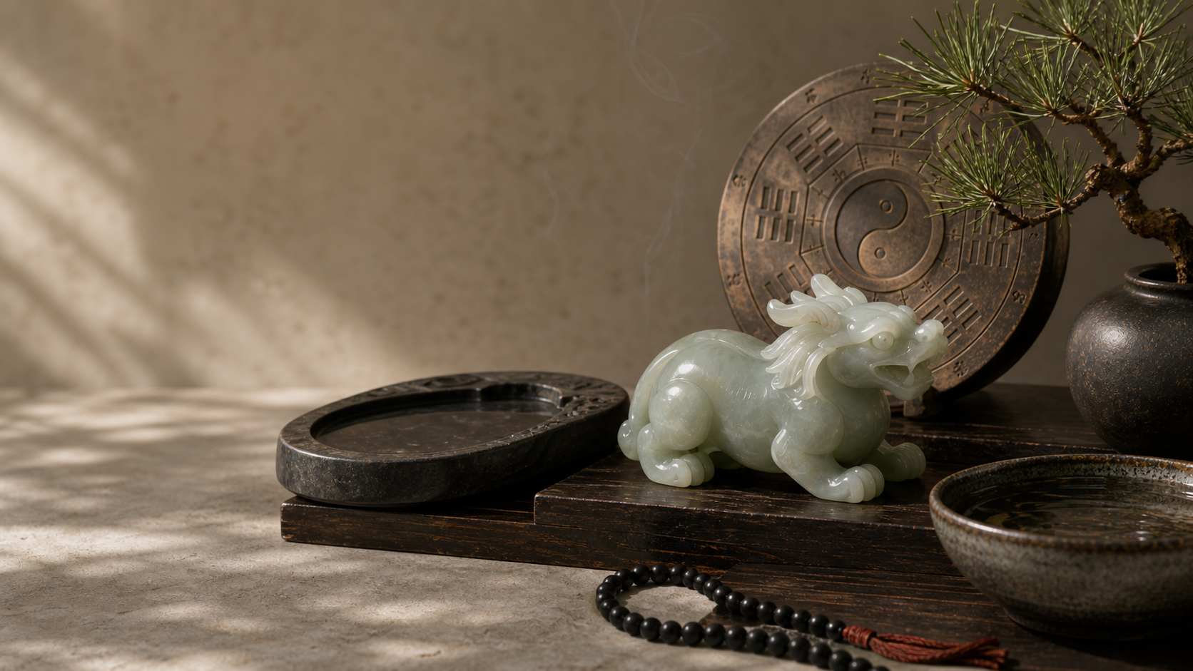 A carved pale jade Pixiu with bronze, obsidian, wood, and ceramic objects